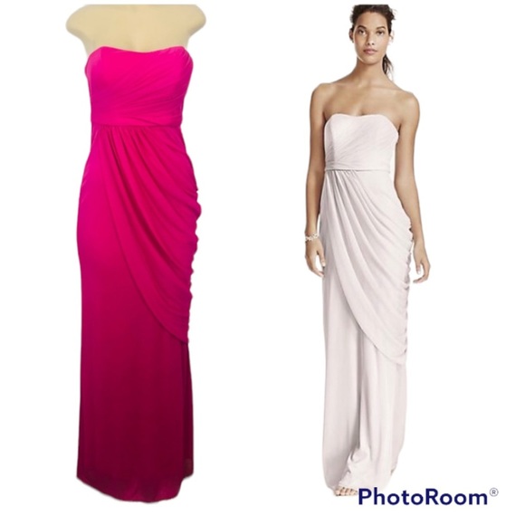 DAVID’S BRIDAL Extra Long Strapless Mesh Dress with Side Draping Fuchsia… - Picture 1 of 7
